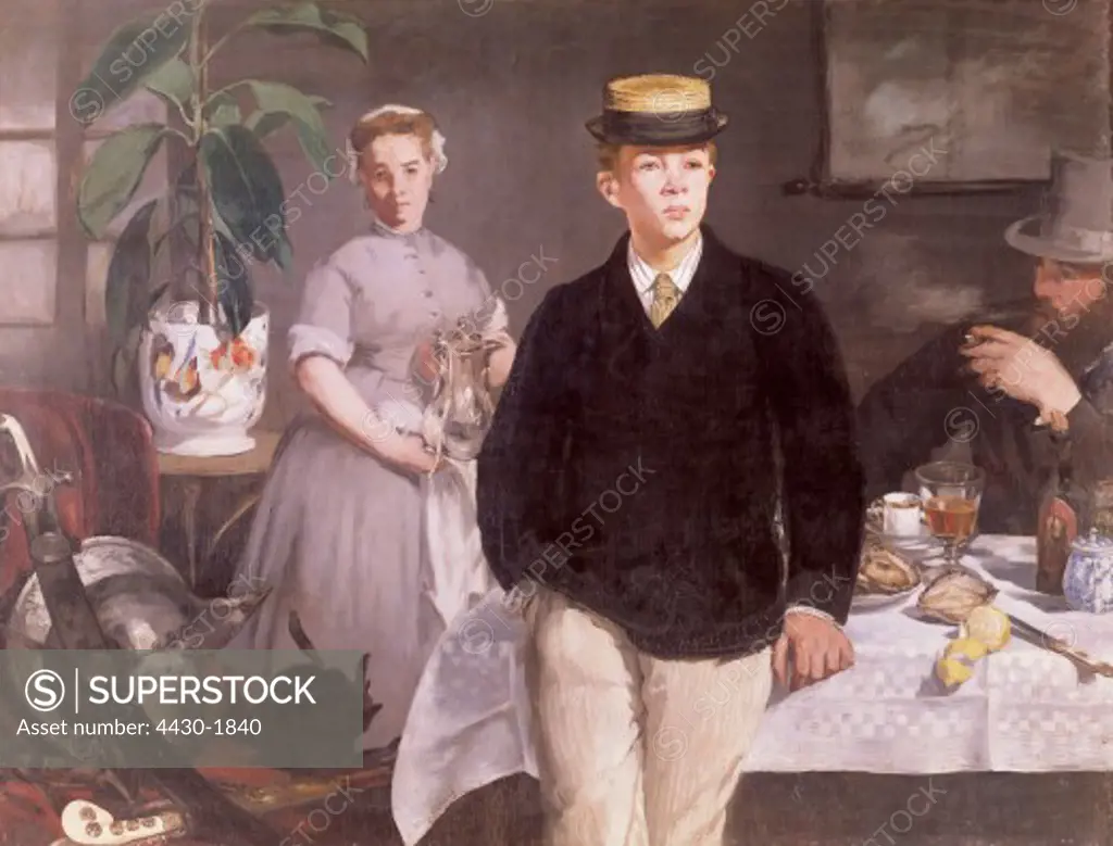 fine arts, Manet, Edouard, (1832 -1883), painting, ""Le dejeuner dans l` atelier"", (""breakfast at the studio""), 1868, oil on canvas, 118 cm x 154 cm, New Pinakothek, Munich,