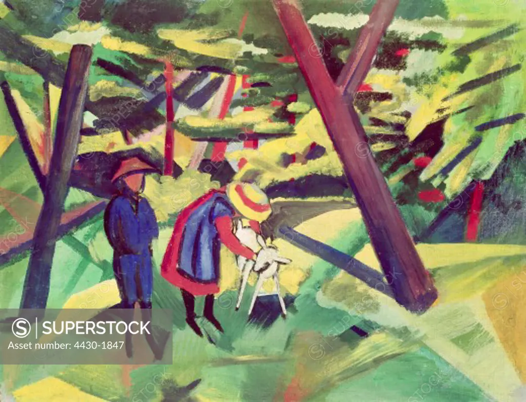 fine arts, Macke, August, (1887 - 1914), painting, ""Kinder mit Ziege im Wald"", (""children with goat in forest""), 1912, oil on canvas, historic, historical, Europe, Germany, 20th century, expressionism, ""Blue Rider"", trees, animal, touching, playing,