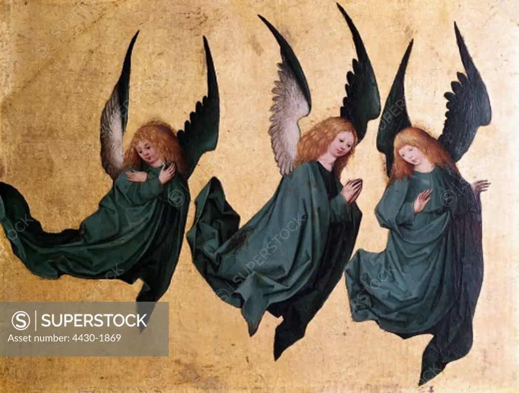 fine arts, religious art, angel, ""Three Angels"" painting, master of the housebook, late 15th century, Museum of Contemporary Art (Basel),