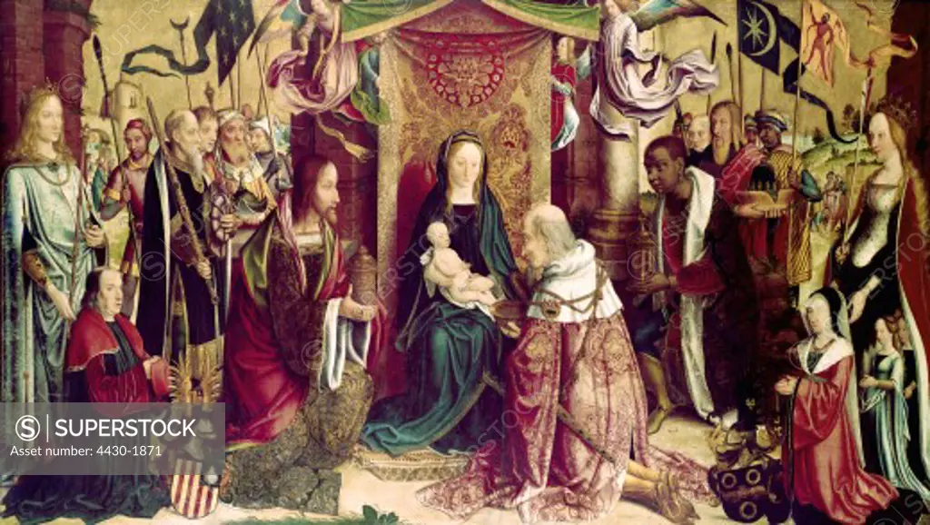 fine arts, religious art, Jesus Christ, ""Adoration of the Magi"", painting, master of St. Severin, circa 1500,