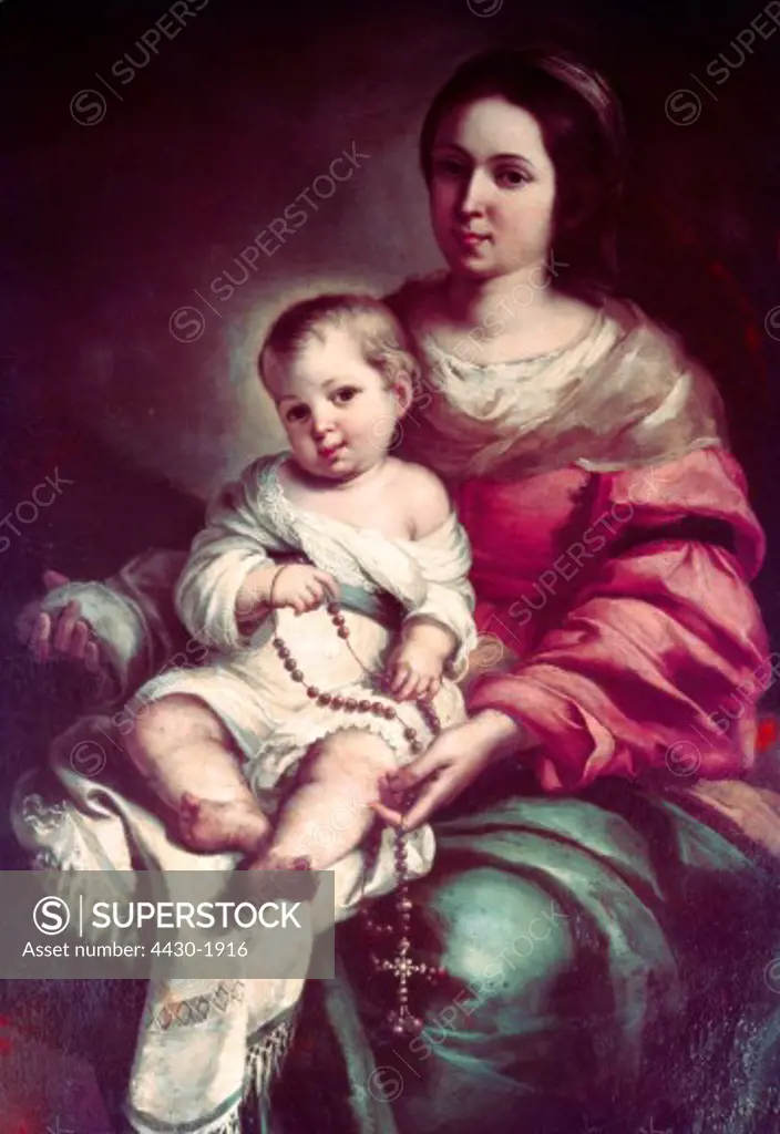 fine arts, Murillo, Bartolome Esteban (1618 - 1682), painting, ""Madonna of the Rosary"", oil on canvas, circa 1670/1680, Palazzo Pitti, Galleria Palatina, Florence,