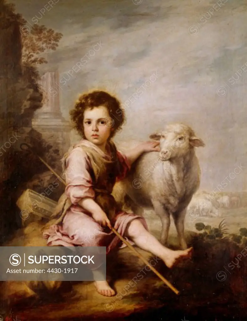 fine arts, Murillo, Bartolome Esteban (1618 - 1682), painting ""The Good Shepherd"", oil on canvas, circa 1660, Prado, Madrid,