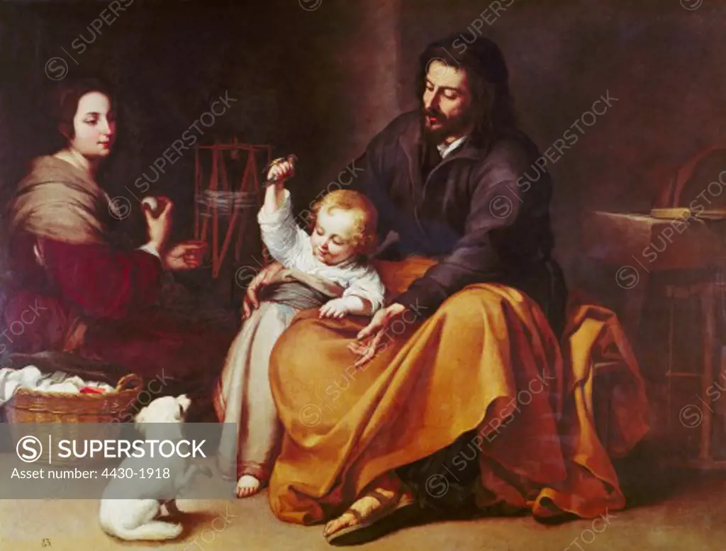fine arts, Murillo, Bartolome Esteban (1618 - 1682), painting, ""The Holy Family with a Little Bird"", oil on canvas, circa 1650, Prado, Madrid,