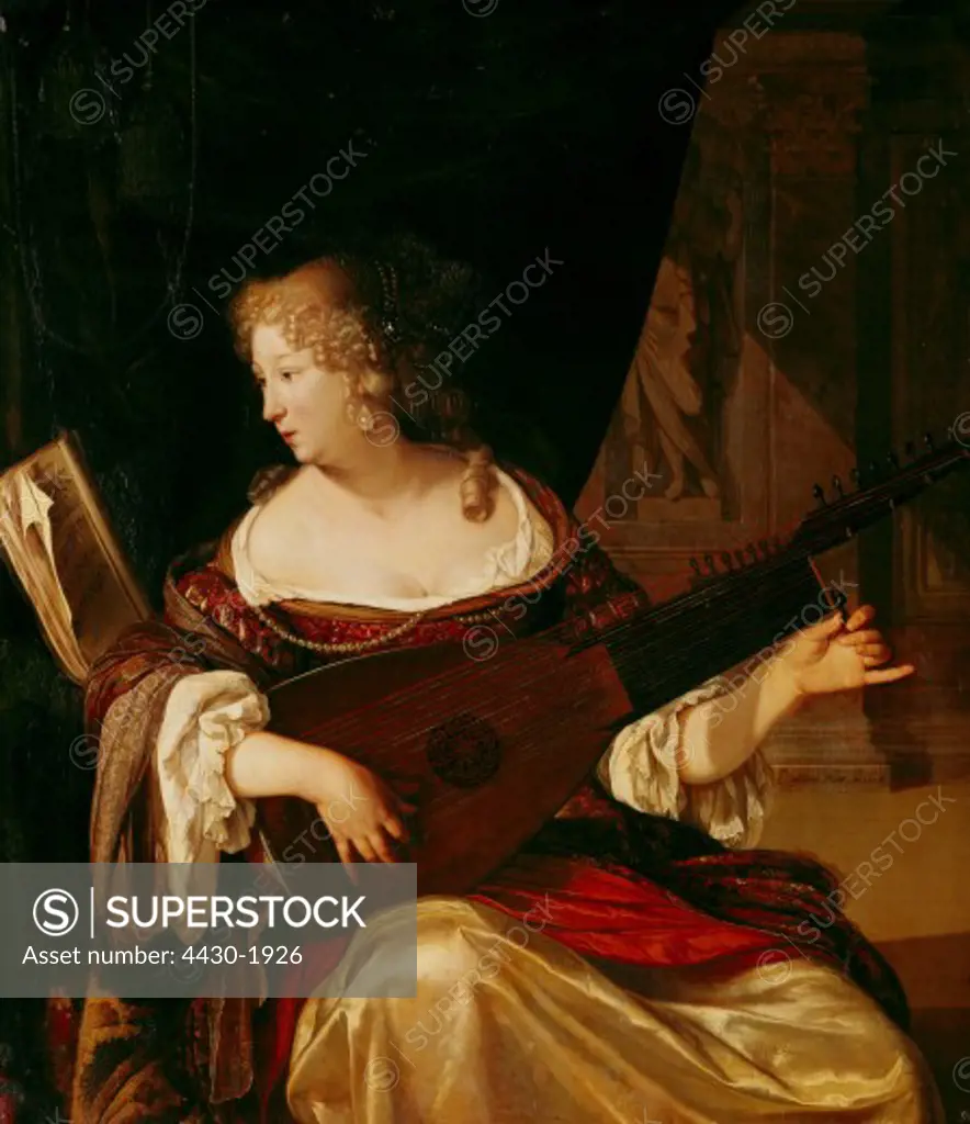 Kunst, Neer, Eglon Hendrick van der (1634 - 1703), painting, ""Lute tuning woman"", oil on panel, 1678, Alte Pinakothek, Munich,
