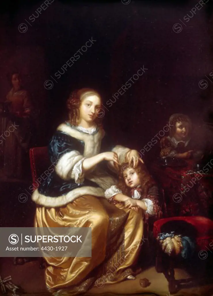 fine arts, Netscher, Caspar (1636 - 1684), painting, ""Mother Combing Hair of Child"", oil on panel, 1669,
