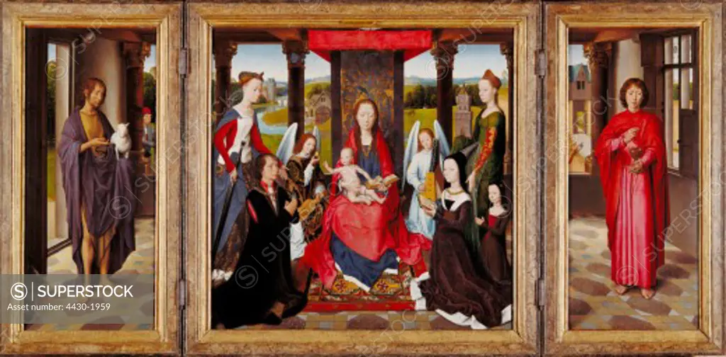 fine arts, Memling, Hans (circa 1433 - 1494), painting, Virgin Mary with Child and Saints, National Gallery, London,