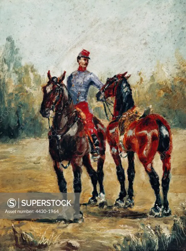 fine arts, Toulouse-Lautrec, Henri de (1864 - 1901), painting, ""Deux Chevaux avec Ordonnance"" (Two horses with orderly), 1880, Museum Albi,