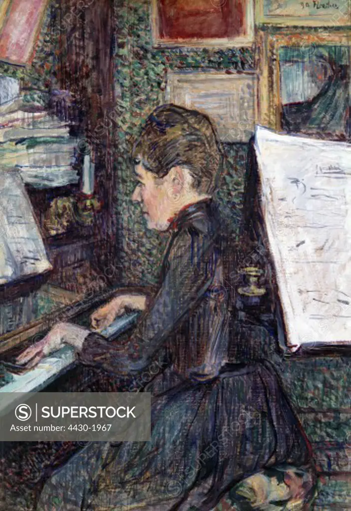 fine arts, Toulouse-Lautrec, Henri de (1864 - 1901), ""Mlle Dihau au piano"" (Miss Dihau at the piano), 1890, Musee Toulouse-Lautrec, Albi, France,