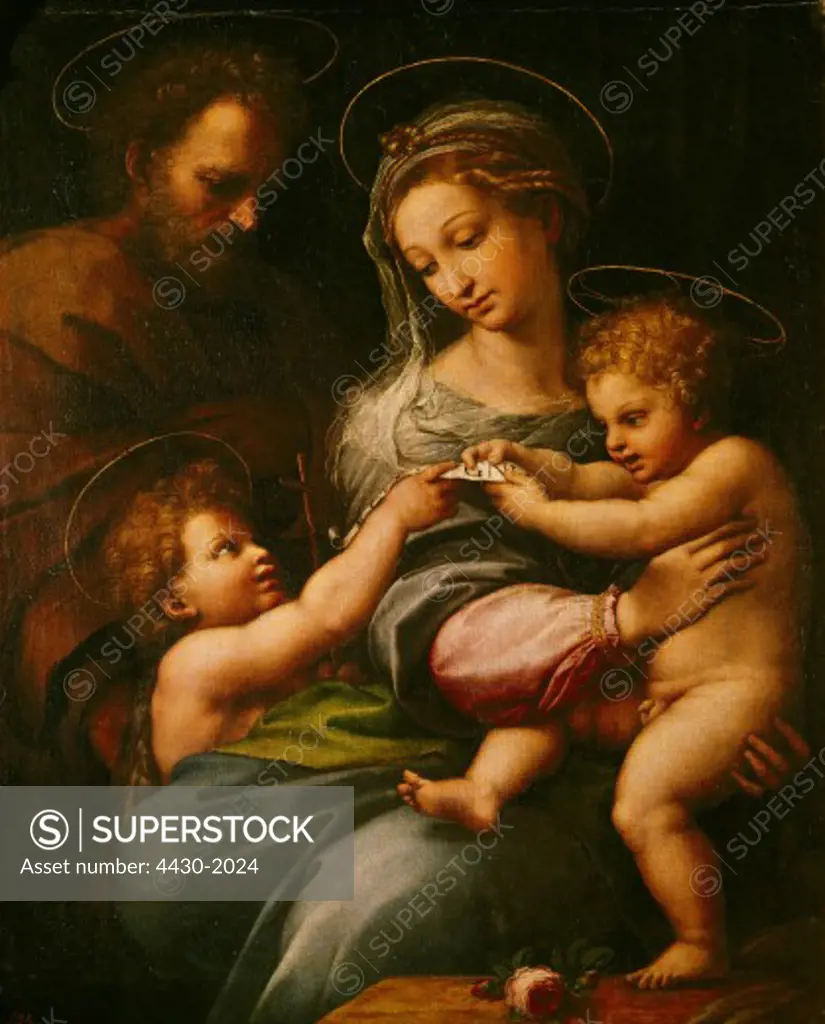 fine arts, Raphael (Raffaello Santi) (6.4.1483 - 6.4.1520), painting ""The Virgin of the Rose"", circa 1518, Museo del Prado, Madrid,