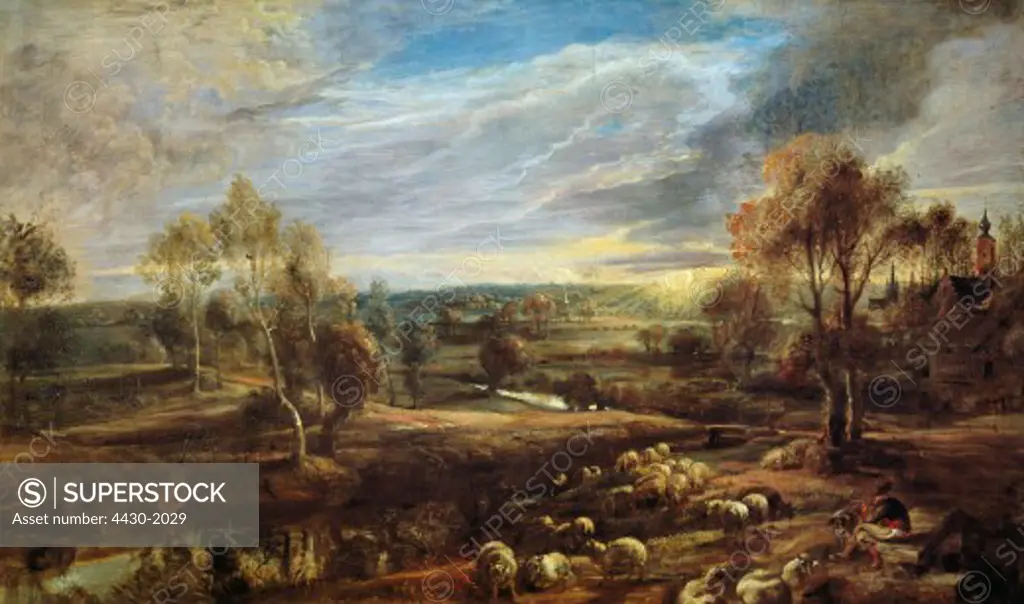 fine arts, Rubens, Peter Paul (1577 - 1640), painting, ""Landscape with sunrise"", National Gallery, London,