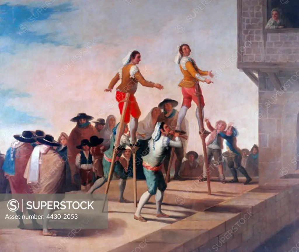 fine arts, Goya y Lucientes, Francisco de, (1746 - 1828), painting, ""Los Zancos"", ""the stilts"", 1788, oil on canvas, Prado, Madrid,