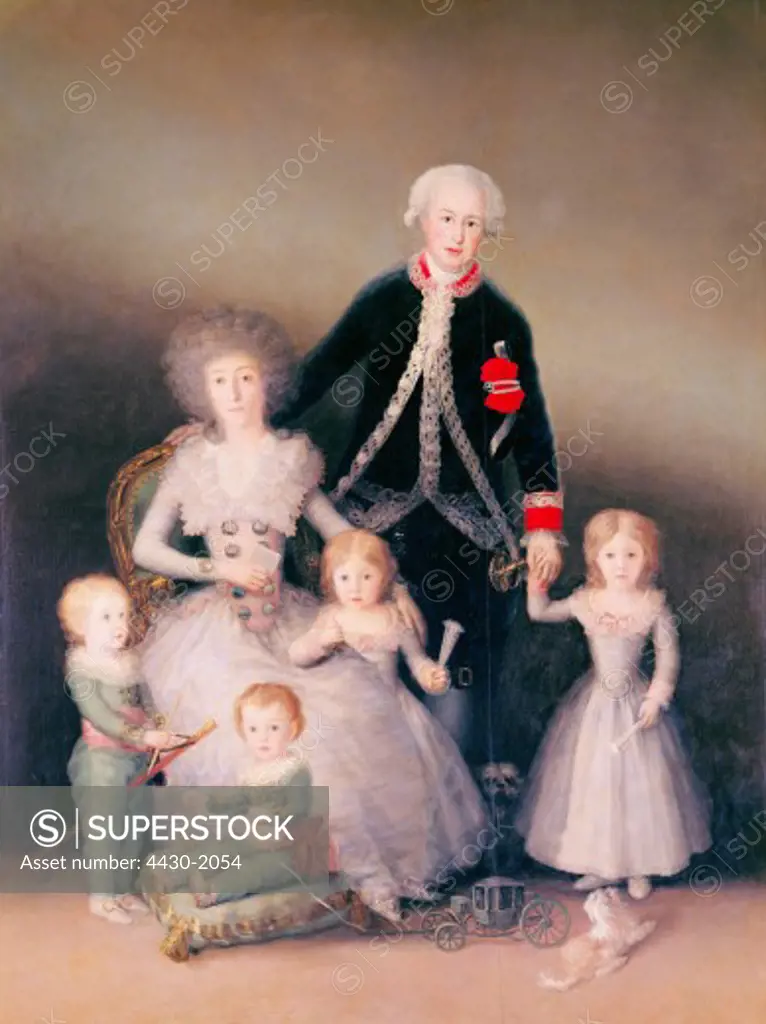 fine arts, Goya y Lucientes, Francisco de, (1746 - 1828), painting, ""Los Duques de Osuna y sus hijos"", (""the family of the duke of Osuna""), circa 1788, oil on canvas, 225 cm x 174 cm, Prado, Madrid,