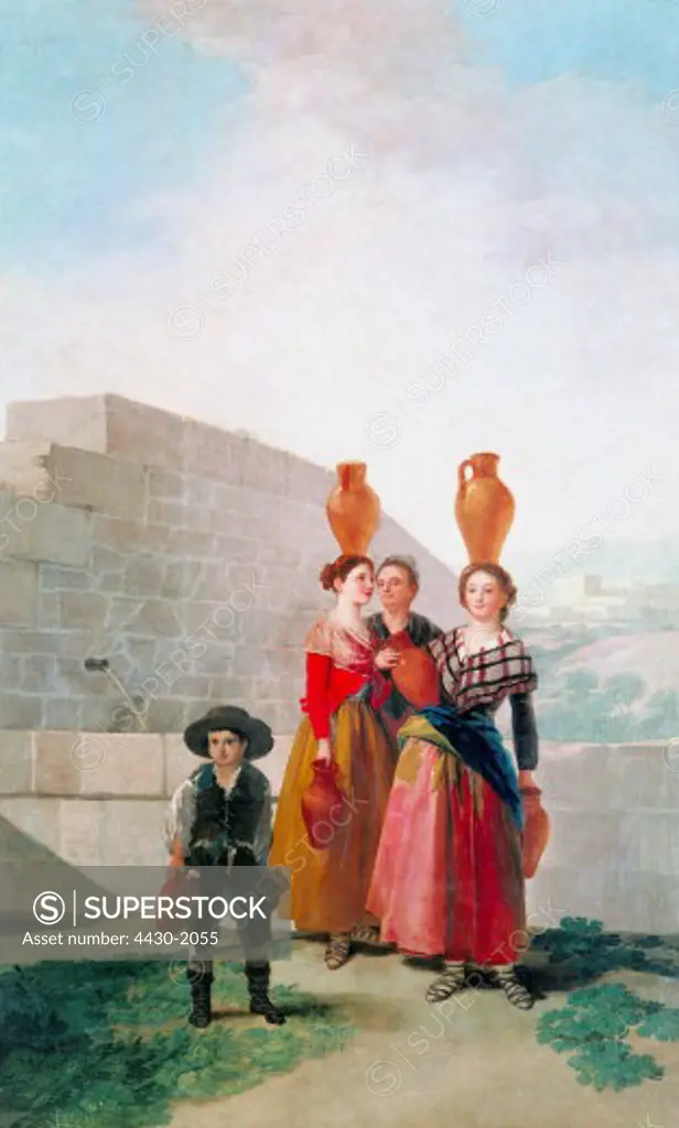 fine arts, Goya y Lucientes, Francisco de, (1746 - 1828), painting, ""Las Mozas de Cantaro"", (""girls with clay jugs""), 1791 - 1792, oil on canvas, 262 cm x 160 cm, Prado, Madrid,