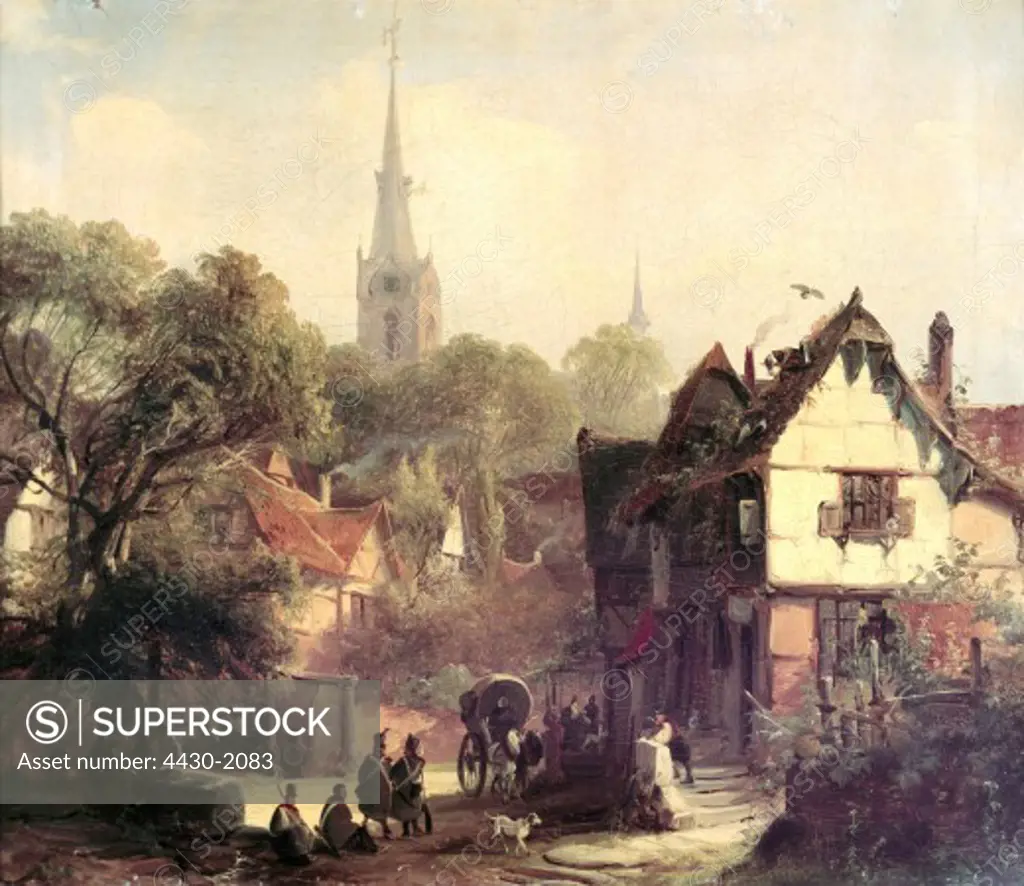 fine arts, Scheuren, Caspar Johann Nepomuk, (1810 - 1887), painting ""Village"", 1839, oil on canvas, 32,5 x 38,5 cm, Von der Heydt Museum, Wuppertal,