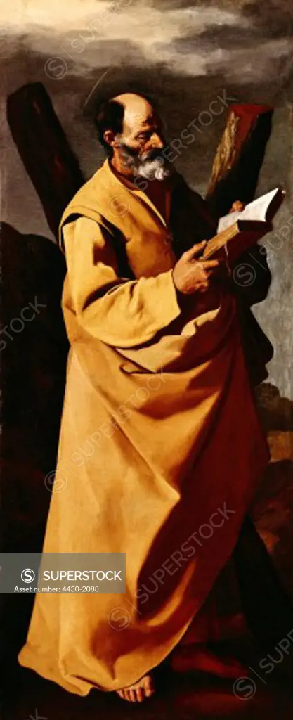 fine arts, Zurbaran, Francisco de (1598 - 1664), painting ""Apostle Andrew"", 1631, oil on canvas, 146.7 x 61 cm, National Museum of Fine Arts, Budapest,