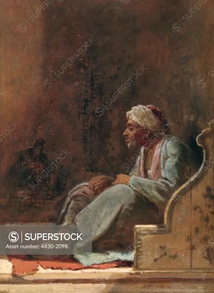 fine arts, Spitzweg, Carl (1808 - 1885), painting, ""Sitting Turk"", oil on wood panel, 31.5 cm x 23 cm, circa 1851, private collection,