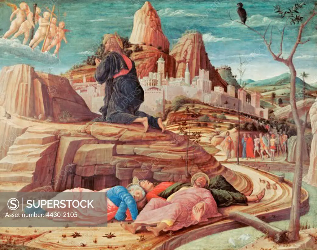 fine arts, Mantegna, Andrea, (1431 - 1506), painting, ""the agony in the garden"", circa 1460, tempera on panel, 62,9 cm x 80 cm, national gallery, London, Europe, Italy, 15th century, middle ages, religious art, religion, christianity, Jesus Christ, passion, praying, angels, instruments, disciples, sleeping, Judas, pursuers,