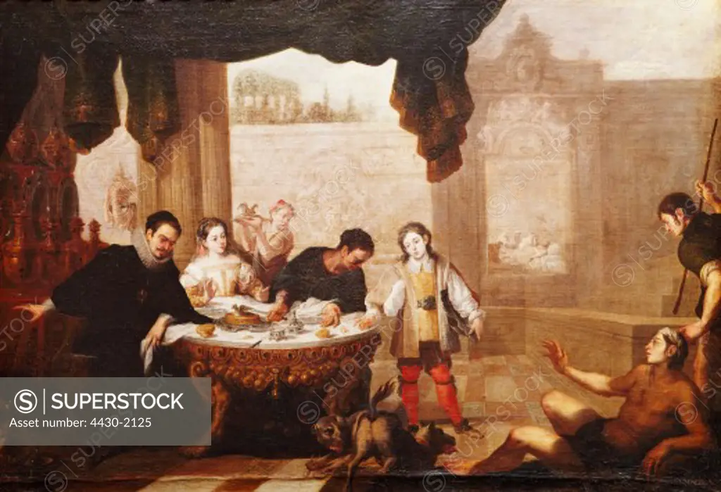 fine arts, Sevilla, Juan de (1643 - 1695), painting, ""The Rich Man and the Beggar Lazarus"" (""El Epulon y el Pobre Lazaro""), Prado, Madrid,
