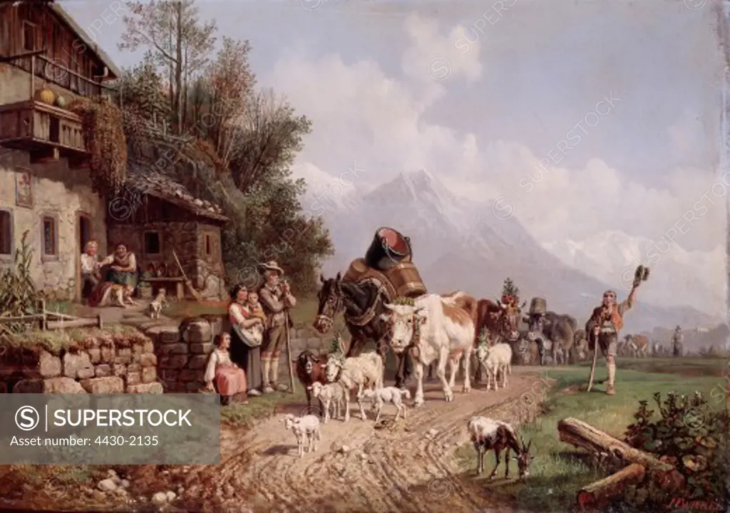 fine arts, B™rkel, Heinrich, (1802 - 1869), painting, ""Abzug von der Alm"", (""return from the alp""), 19th century, Weber gallery, Munich,