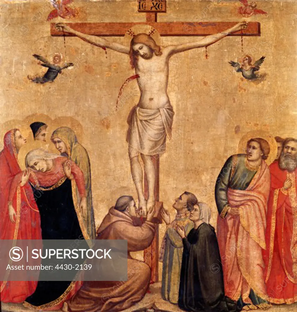 fine arts, Giotto di Bondone, (1267 - 1337), painting, ""crucifixion"", chestnut panel, 45 cm x 43,7 cm, Old Pinakothek, Munich,