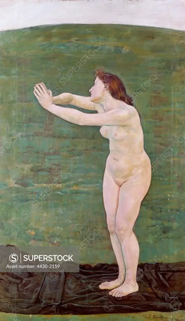 fine arts, Hodler, Ferdinand, (1853 - 1918), painting, ""Aufgehen im All"", (""merging with the universe""), 1892, oil on canvas, 165 cm x 94 cm, museum of fine arts, Basel,