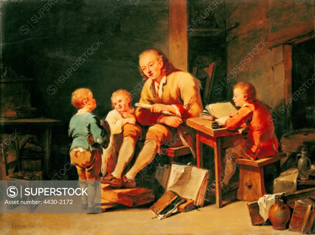 fine arts, Kraus, Georg Melchior, (1737 - 1806), painting, ""Vater mit drei Knaben bei Schularbeiten"", (""father with three boys doing homework""), Goethe museum, Frankfurt,