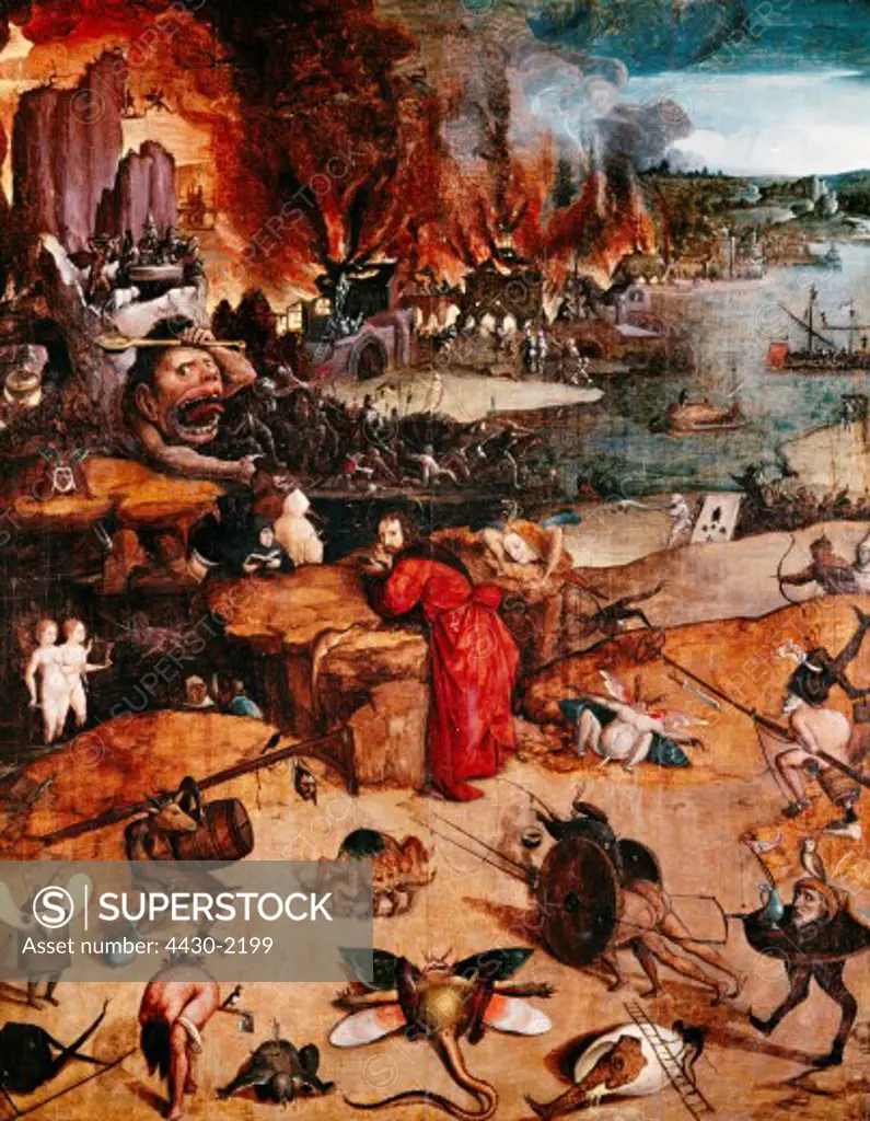 fine arts, Bosch, Hieronymus (circa 1450 - 1516), painting, ""the temptation of Saint Anthony"", Prado, Madrid, Spain, Europe, 15th century, 16th century, religious art, religion, christianity, Anthony the Great, hermit, anchorite, ascetic, asceticism, monsters, death, destruction,