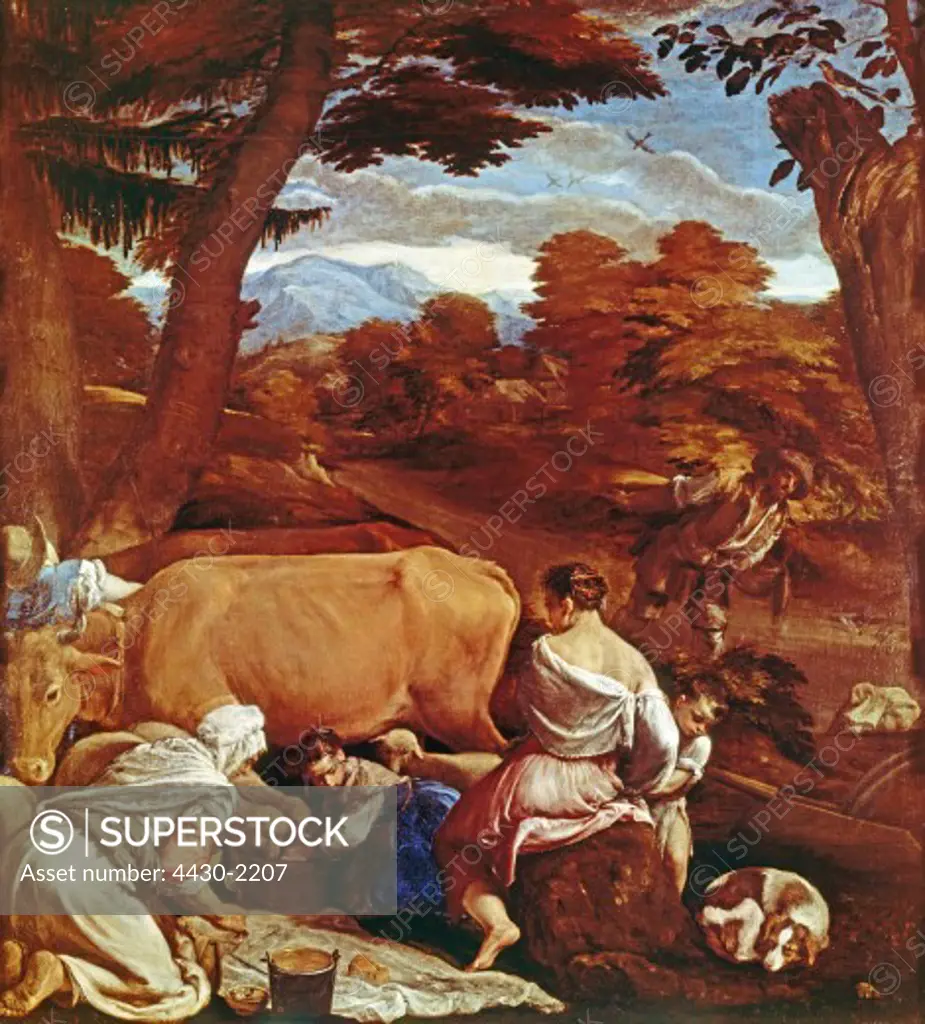 fine arts, Bassano, Jacopo, birth name da Ponte, (1510 - 1592), painting, ""escena pastoril"", ""pastoral scene"", circa 1560, oil on canvas, 139 cm x 129 cm, Thyssen - Bornemisza collection, Madrid,