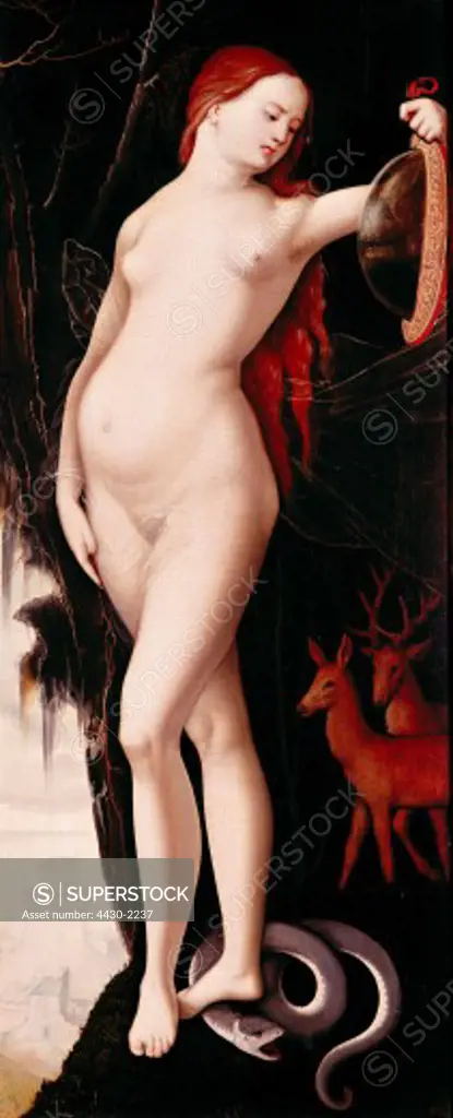 fine arts, Baldung, Hans called Grien, (1484 / 1485 - 1545), painting, ""Frau mit Spiegel, Schlange, Hirsch und Hindin"", (""woman with mirror, snake, deer and doe""), 1529, oil on panel, Old Pinakothek, Munich, Germany, Europe, 16th century, renaissance, allegory, nakedness, naked, nude, full length, vanity, transcience, beauty, deers,