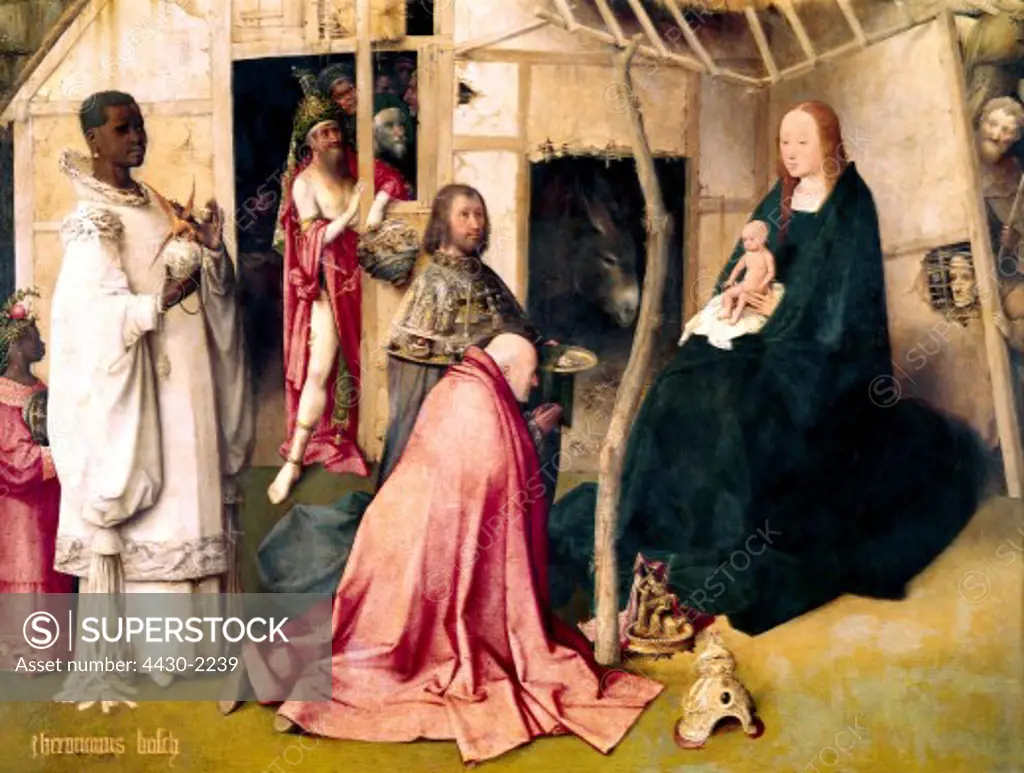 fine arts, religious art, Jesus Christ, the Nativity, middle panel of the triptych ""The Nativity"" by Hieronymus Bosch (circa 1450 - 1516), Prado, Madrid, detail,