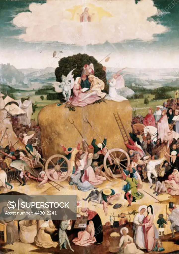 fine arts, Bosch, Hieronymus, (circa 1450 - 1516), ""haywain"", central panel, 1500 - 1502, oil on panel, 135 cm x 100 cm, Prado, Madrid, Spain, Europe, 16th century, religious art, religion, christianity, hay, wagon, cart,