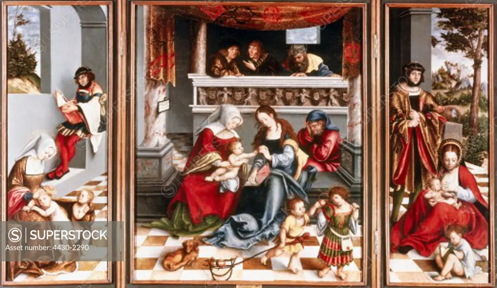 fine arts, Cranach, Lucas the Elder (1472 - 1553), painting, Holy Family, 1509, oil on woods, tryptich, Torgau Altar, St_delsches Kunstinstitut, Frankfurt am Main,