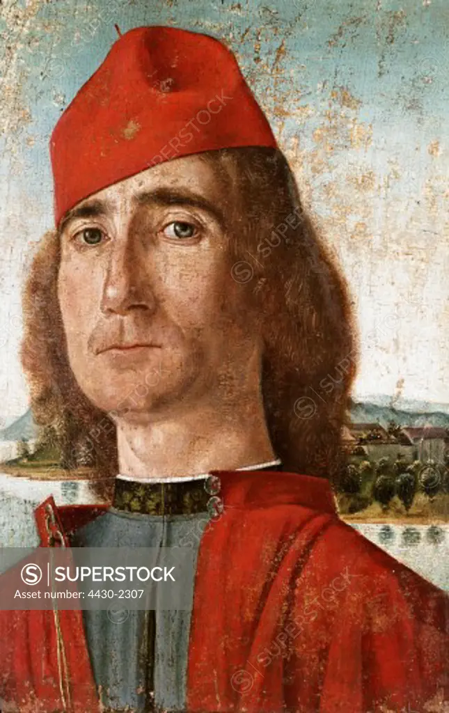 fine arts, Carpaccio, Vittore, (circa 1455 - 1526), painting, ""Portrait of an Unknown Man with Red Beret"", 1490 - 1493, tempera on panel, 35 cm x 23 cm, Correr Museum, Venice,
