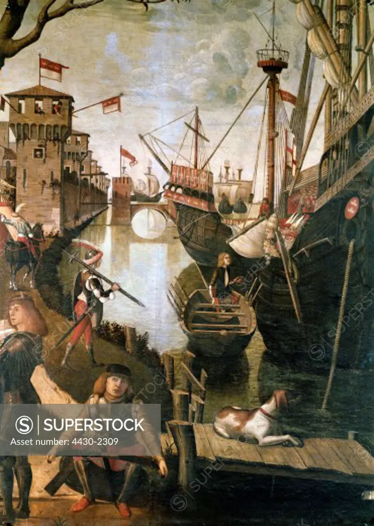 fine arts, Carpaccio, Vittore, (circa 1455 - 1526), painting, ""The Arrival of the Pilgrims at Cologne"", detail, from ""Life of Saint Ursula"", 1490, tempera on canvas, 280 cm x 255 cm, Accademia, Venice,