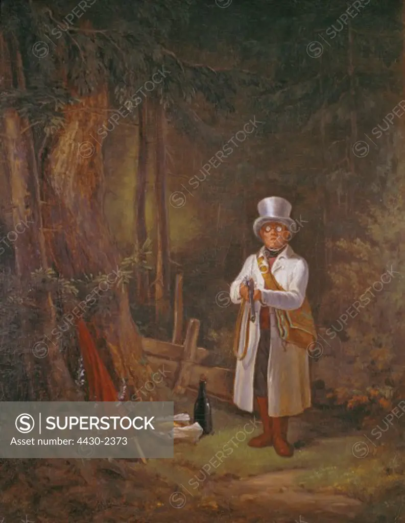 fine arts, Spitzweg, Carl (1808 - 1885), painting, ""Der Sonntagsjaeger"" (The Sunday Hunting), 1845, oil on canvas, 40 x 32.5 cm, Stuttgart, State Gallery, Germany,