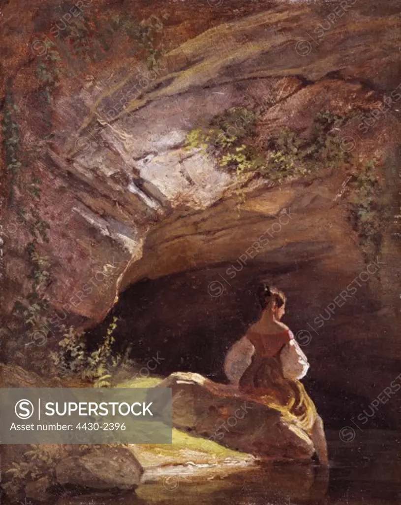 fine arts, Spitzweg, Carl (1808 - 1885), painting, ""Maedchen vor der Grotte"" (Girl in front of a grotto), oil on paper, 14.8 cm x 12.1 cm, circa 1850, private collection,