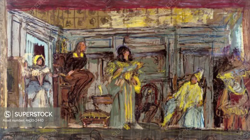 fine arts, Vuillard Edouard (1866 - 1940), draft for a wall painting for the Theatre des Champs Elysees, after Moliere's ""Le Malade Imaginaire"", gouache and coloured chalk on paper and canvas, Kunsthalle Bremen, Germany,