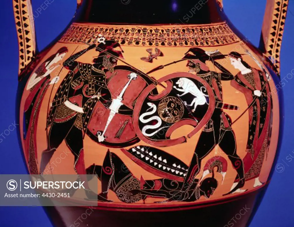 fine arts, Hellas, Archaic (800 - 500 BC), vase, Attic amphora, circa 530 BC, ""Mythical Duel"", snake, lion and Gorgon head illustrated on shield, State Collection of Antiques Munich,