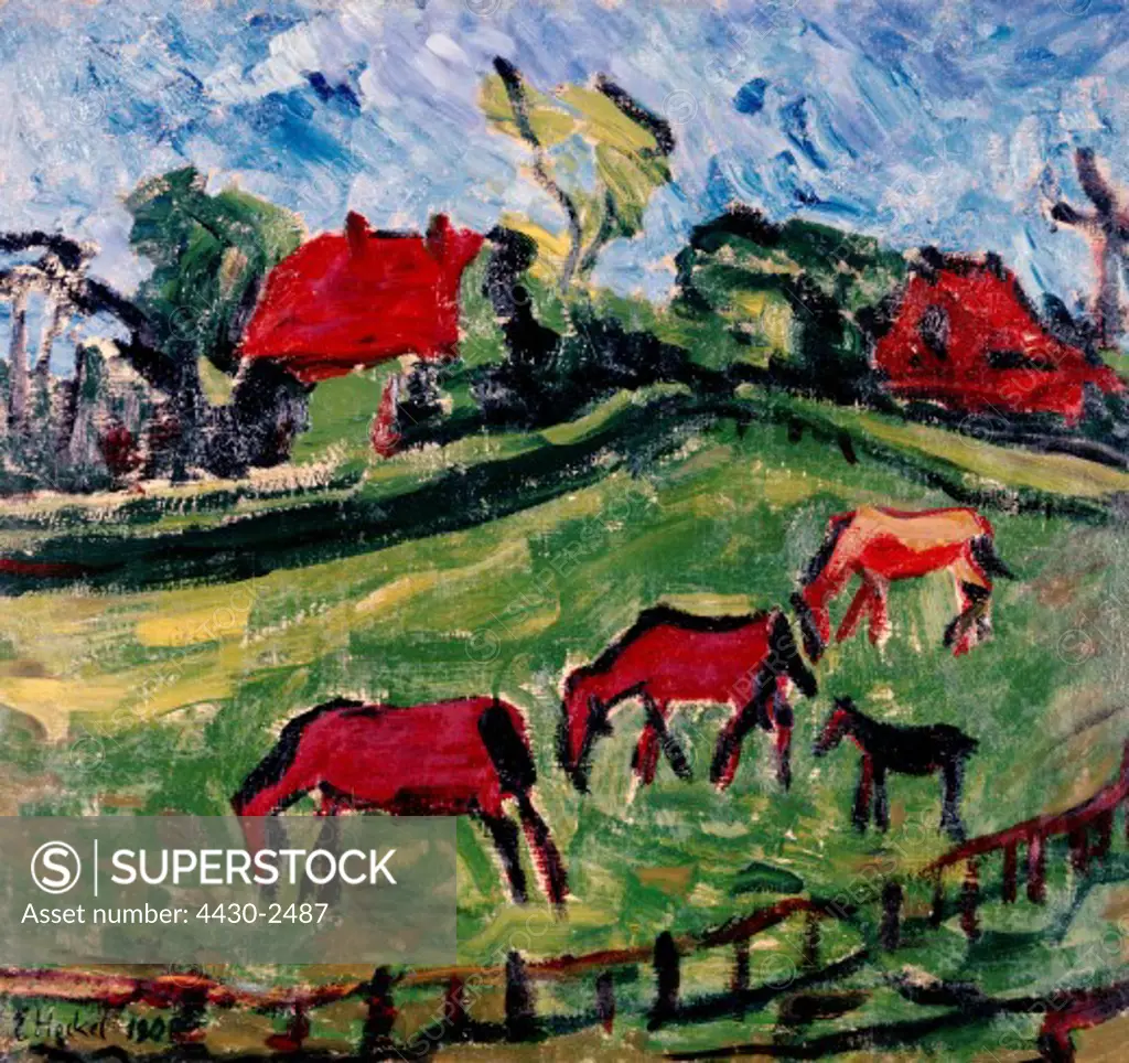 fine arts, Heckel, Erich, (1883 - 1970), painting, ""Wiesenlandschaft mit Pferden"", (""meadow landscape with horses""), 1908, oil on canvas, 68,5 cm x 74 cm, museum of arts and cultural history, M™nster, Germany, Europe, 20th century, expressionism, ""The Bridge"", horses, horses, paddock, landscapes, Muenster, Munster, Bruecke, Brucke,
