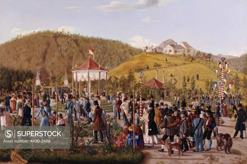 fine arts, Wachter, Georg (1809 - 1863), painting ""Schuetzenfest am Berg Isel"" (Marksmen's Festival at Mount Isel), 1839, oil on canvas, Tiroler Landeskundliches Museum, Innsbruck, Austria,