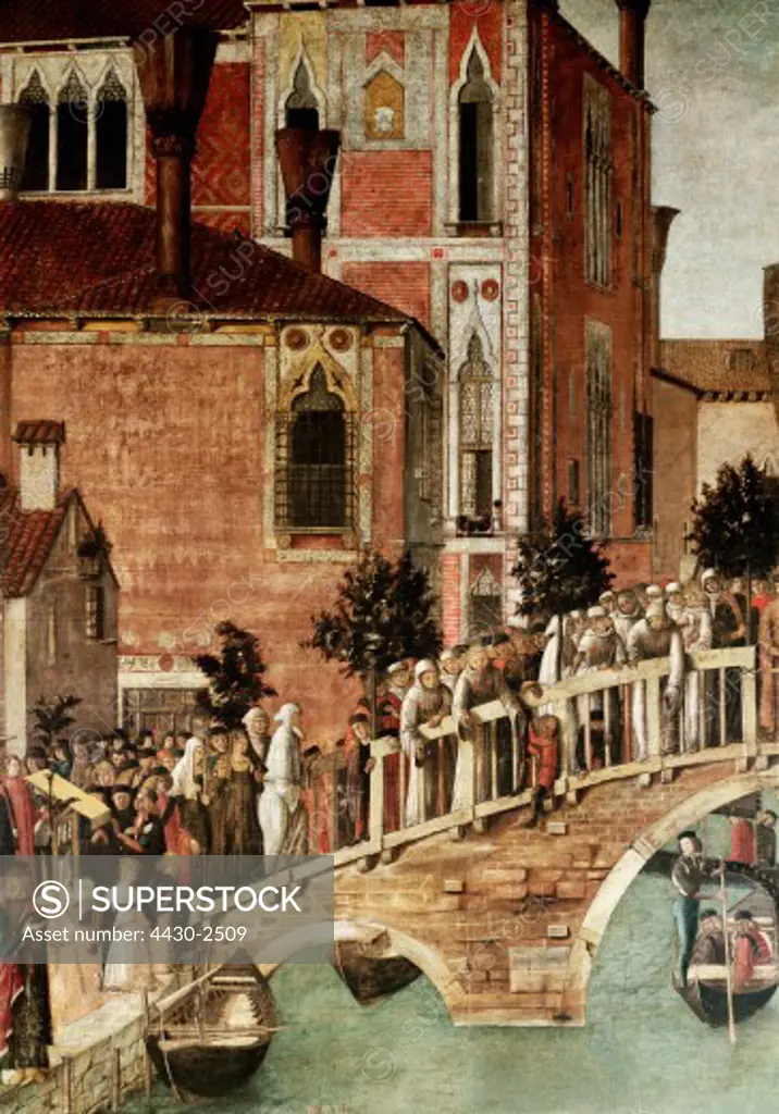 fine arts, Bellini, Gentile, (circa 1429 - 1507), painting, ""miracle of the cross at the bridge of San Lorenzo"", detail, 1500, tempera on canvas, 323 cm x 430 cm, gallery of the academy, Venice, Italy, Europe, 15th century, renaissance, religion, christianity, procession, river,