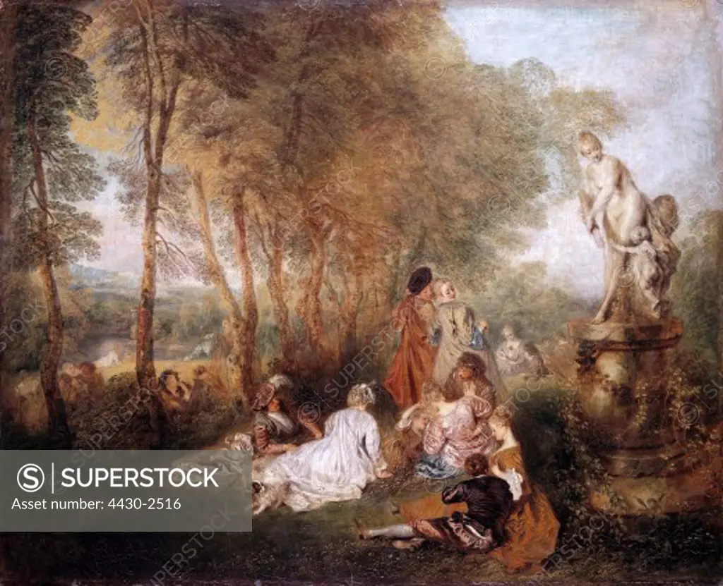 fine arts, Watteau, Jean Antoine (1684 - 1721), painting, ""The Love Feast"", 1716 - 1719, oil on canvas, 61 x 75 cm, State Art Collection, Dresden, Germany,