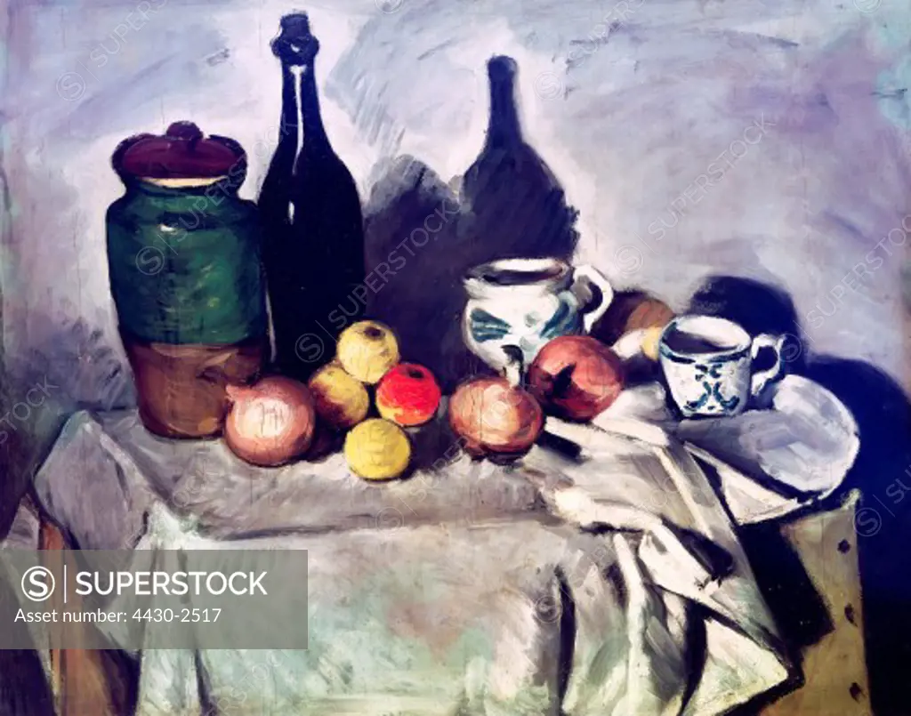 fine arts, Cezanne, Paul, (19.1.1893 - 22.10.1906), painting, ""Still Life with Fruits and Dishes"", around 1869 - 1871, bottle, table cloth, onion, drapery, crinkles,