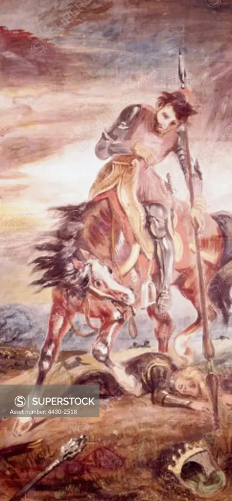 fine arts, Delacroix, Eugene, (1798 - 1863), painting, ""King Rodrigo"", 1833, tempera on paper and canvas, 192 cm x 92 cm, Art Gallery, Bremen,