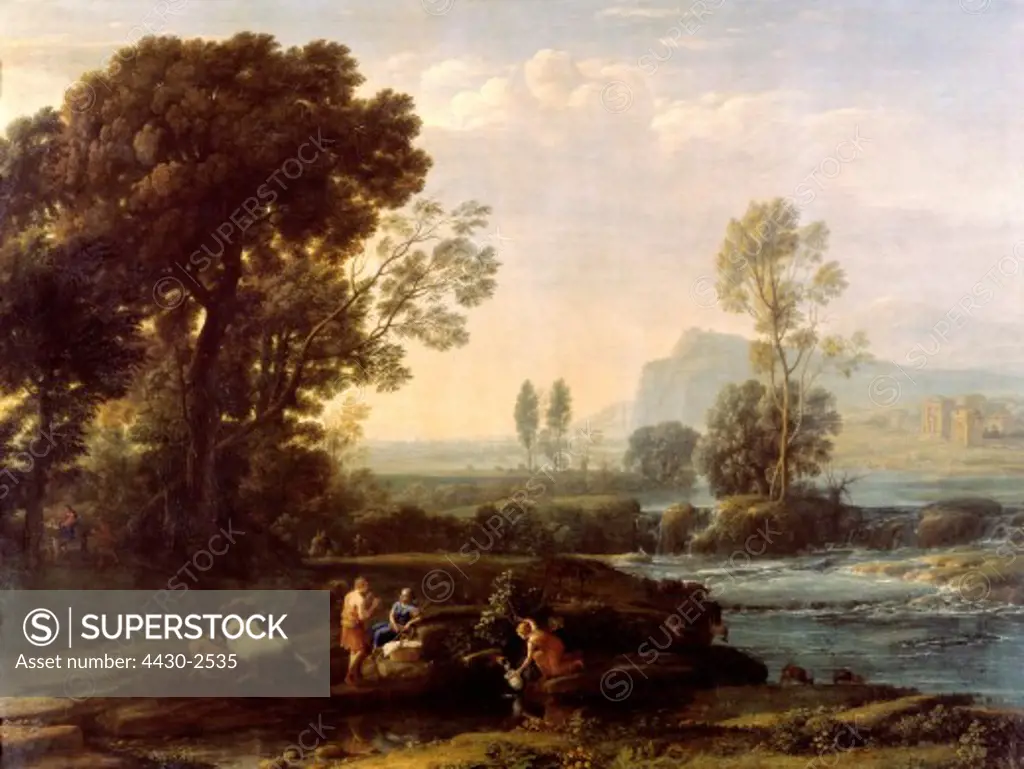 fine arts, Lorrain, Claude (1600 - 23.11.1682), painting, ""Landscape with rest in flight to Egypt"", 1647, oil on canvas, Staatliche Kunstsammlungen, Dresden