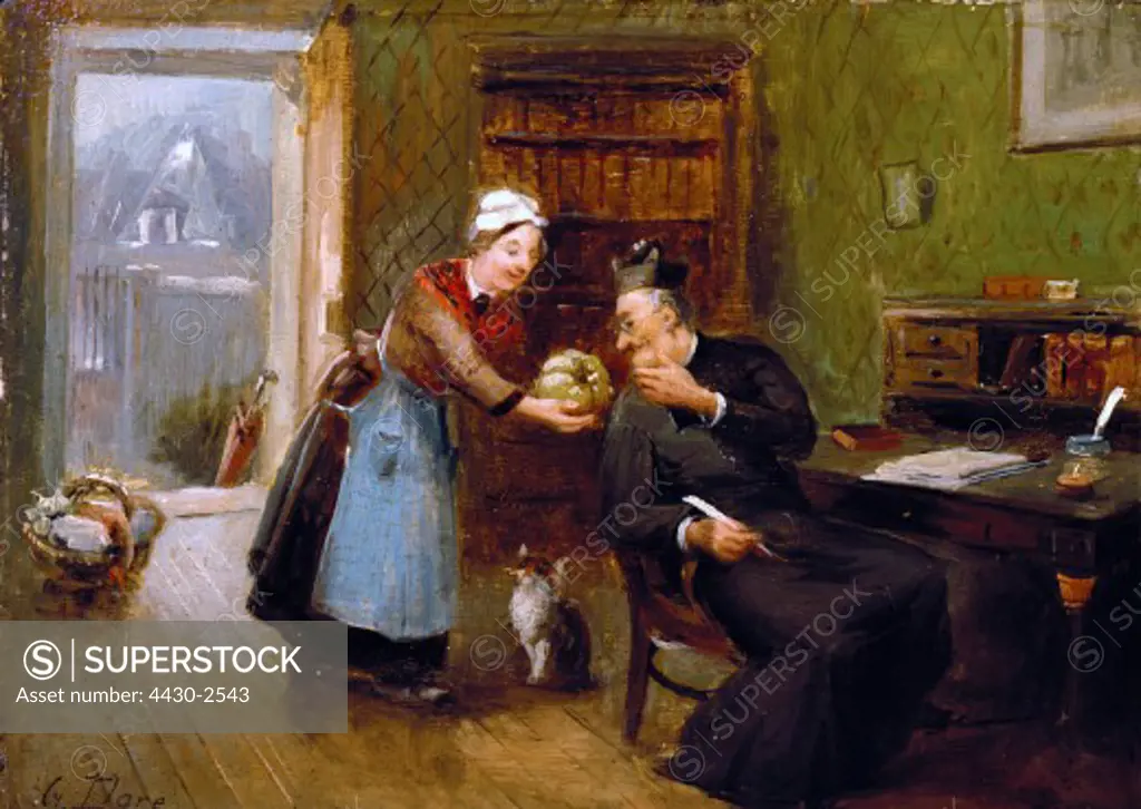 fine arts, Dore, Gustave (1832 - 1883): The cook shows the Abbe a melon with a penducle, painting, mid 19th century, oil on wood, 15 x 21 cm, Walter Grill collection, Munish,