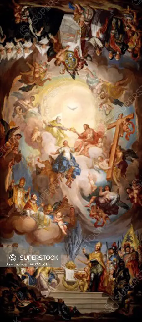 fine arts, Brugger, Andreas, (1737 - 1812), ""coronation of Saint Mary and founding respectively renewal of monastery"", ceiling painting, 1775 / 1776, former collegiate church, Bad Buchenau, Baden-Wuerttemberg, allegory, mother of god, madonna, god the father, Jesus Christ, Holy Spirit, Trinity, rococo, religious art, religion, christianity, Baden Wuerttemberg, 18th century,