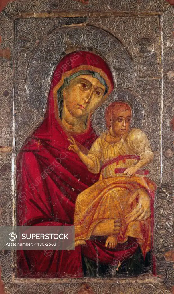 fine arts, religious art, Mary, with Jesus Christ, ""Bogodorica so Christos"", icon, Saint Clement of Ohrid, Macedonia, 14th century,