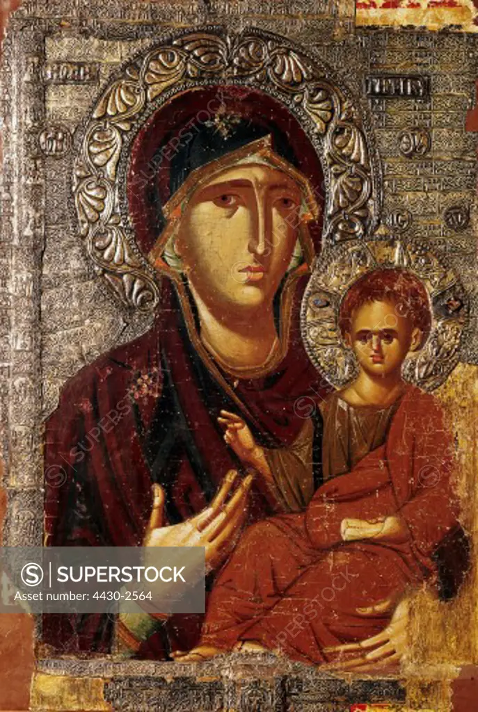 fine arts, religious art, Mary, with Jesus Christ, ""Bogodorica Ogidira"", icon, Sveti Kliment, Ohrid, Macedonia, 13th century,