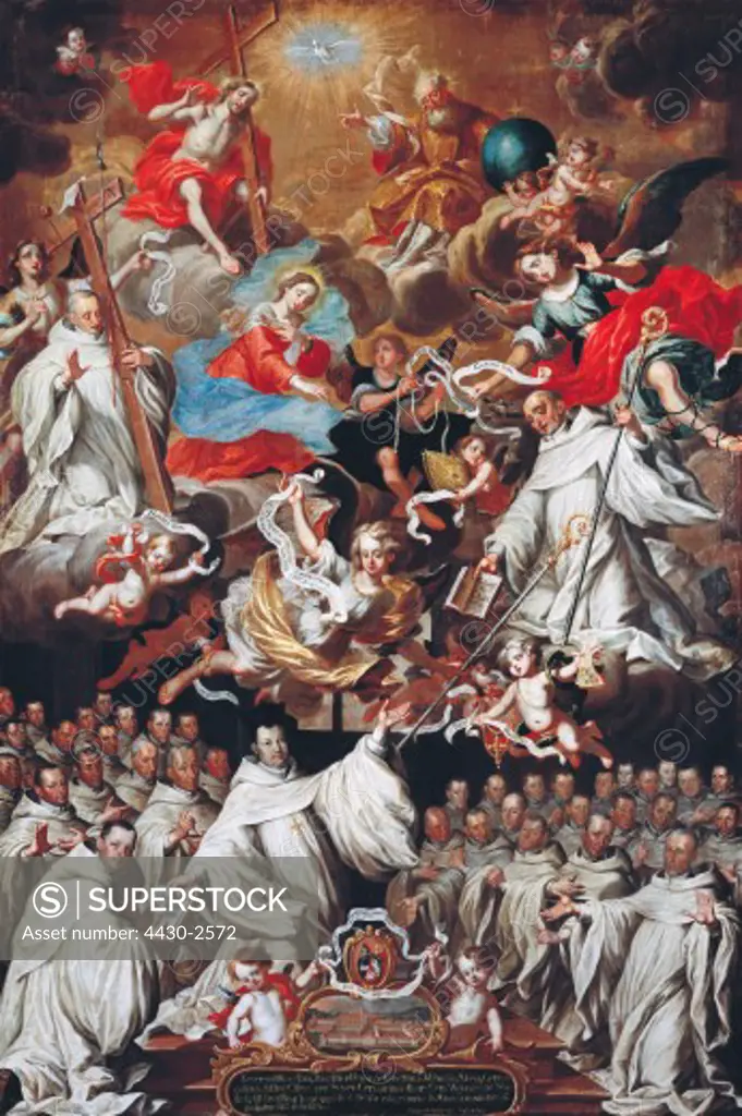 fine arts, religious art, allegories, painting, election of abbot Emanuel I, 1698, convent of Cistercian monastery Salem, Baden-Wuerttemberg, Cistercians, trinity, God the Father, Jesus Christ, Holy Spirit, Saint Mary, Mother of God, Madonna, baroque, religion, christianity,